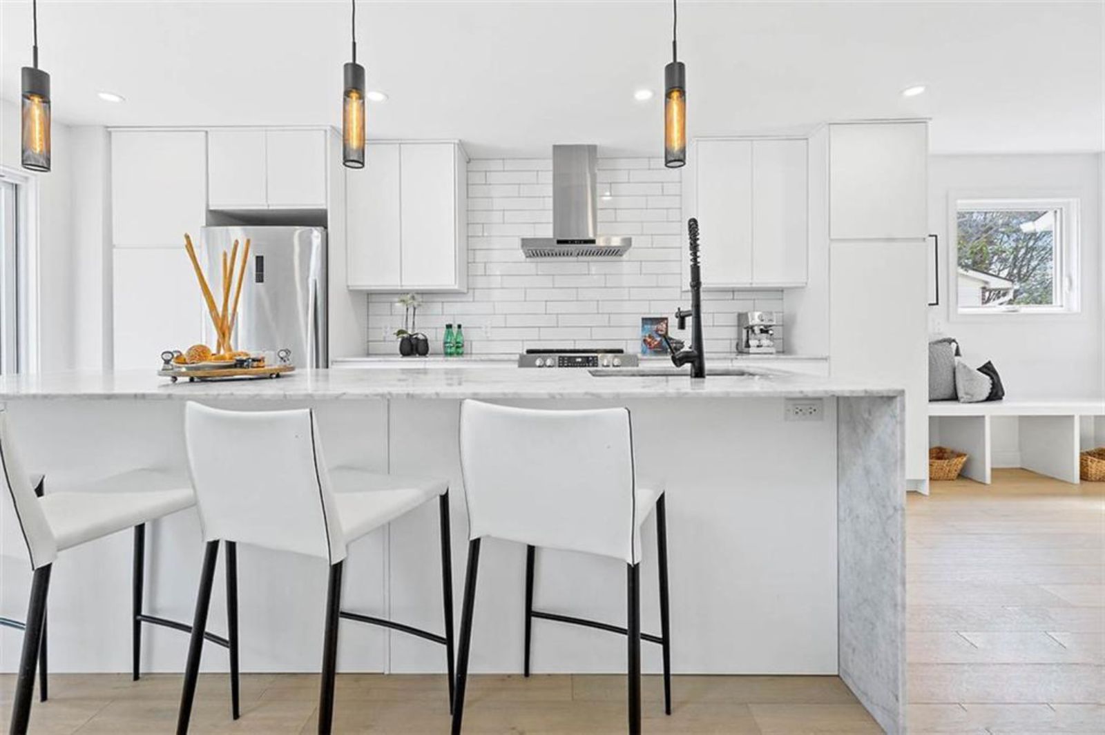 Renovated kitchen with marble island